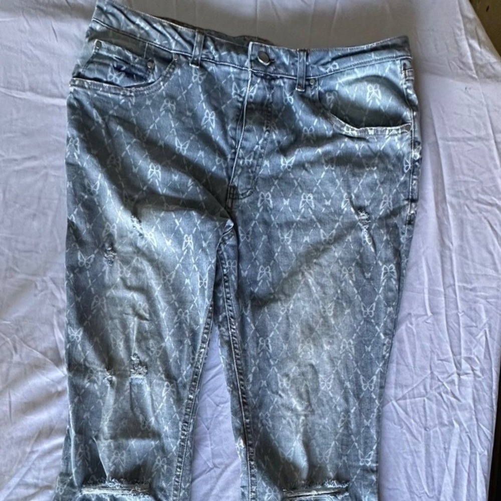 No Boundaries Butterfly Print Flare Jeans Distressed Blue Denim Women Size 15